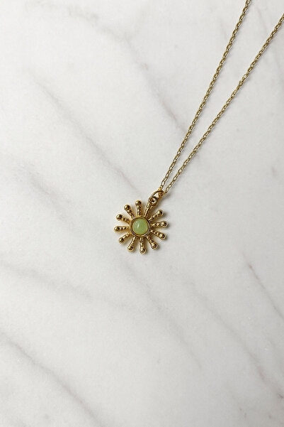 stainless steell Yeşil Taşlı Vintage Gold Güneş Kolye