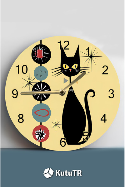 kutuTR Retro Style Black Cat Themed Mdf Wall Clock – 33X33 cm Sdw454