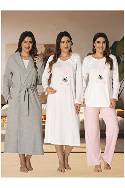 Lohusa Homewear Kadın Pudra Uzun Kollu Özel Tasarım Kışlık Pamuklu Hamile Loh...