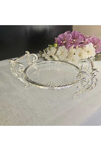 MaviDamla طبق تقديم زجاجي دائري بإطار معدني مصبوب، مقاس 21 سم، لون فضي