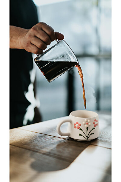 touchmughm Pink 3 Daisy Patterned Special Embossed Hand-Painted Ceramic Mug, Double, Coffee Cup, Mug