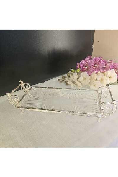 MaviDamla Cast Metal Frame Glass Presentation Plate 32*15 Cm. Silver