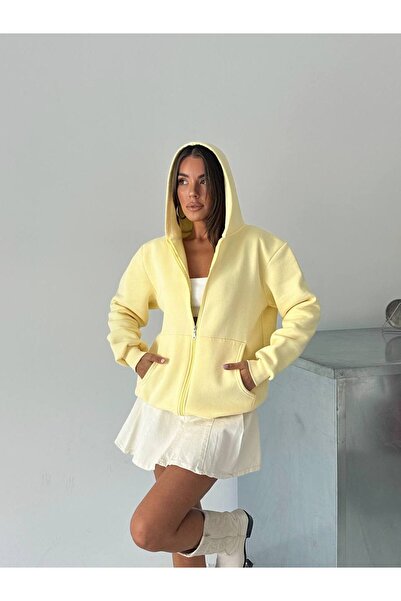 BE CHİC KADIN KAPÜŞONLU FERMUARLI CEPLİ İÇİ POLARLI OVERSİZE SALAŞ DÜZ BASİC SWEATSHİRT G252519