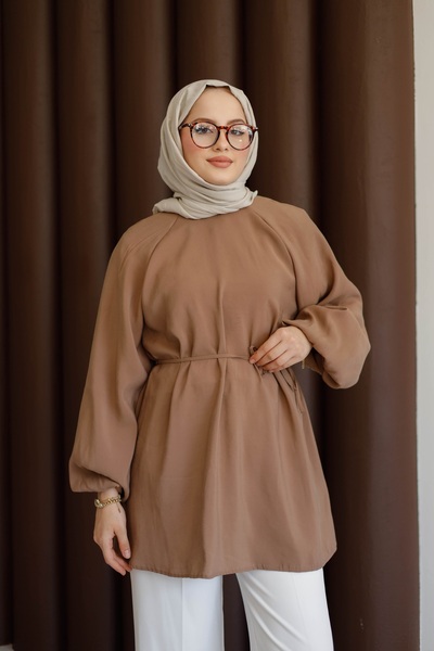 MOONSC Πουκάμισο με μανίκια μπαλόνι με κορδόνι στη μέση ΑΝΟΙΧΤΟ ΚΑΦΕ