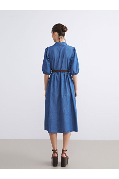 LC Waikiki Sparkling Choices from Shining Store |   Shirt Collar Balloon Sleeve Belted Jean Dress