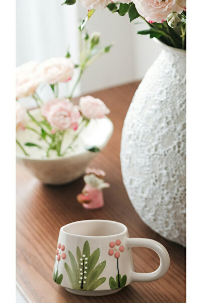 touchmughm Pink Grass and Daisy Patterned Special Embossed Hand-Painted Ceramic Mug, Double, Coffee Cup, Mug