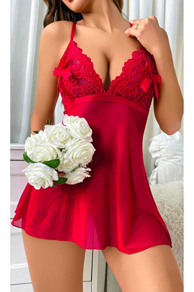 DOSESA Red Lace Detailed Bow Decorated Chiffon Stylish Nightgown