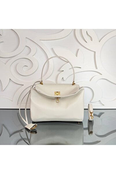MOD10 Premium Genuine Leather White Women's Bag |   Gold Detailed Elegant Han...