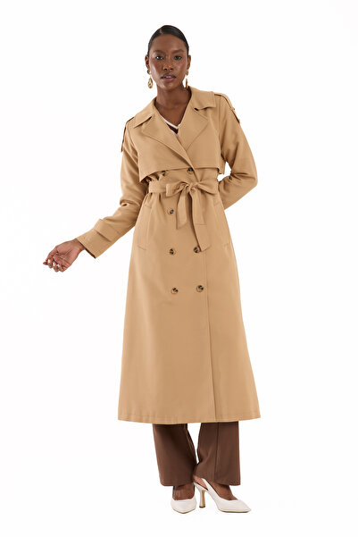 Soydan Güner Kadın Su Geçirmez Kırışmaz Uzun Trençkot Camel (128 CM) 7670