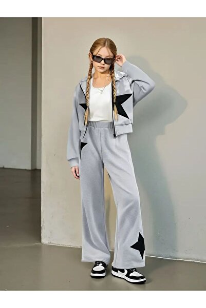 Kids طقم ملابس أطفال من الصوف المطبوع بنجمة مع قلنسوة باللون الرمادي