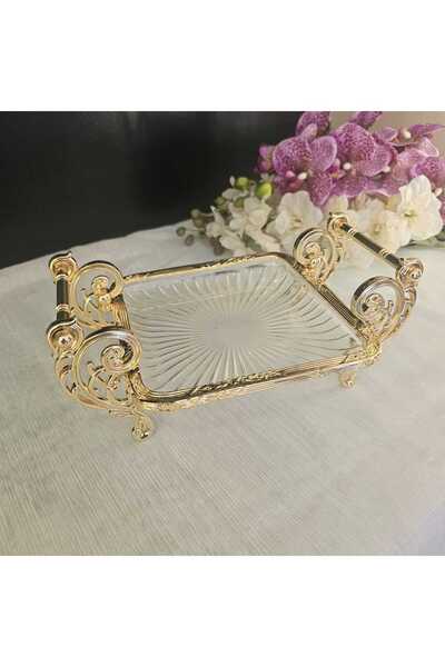 MaviDamla Cast Metal Frame Glass Presentation Plate with Handle 19*19 Square Gold