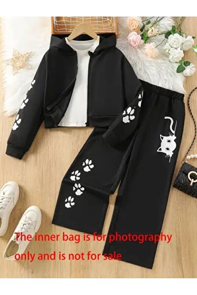 Kids Kedi Baskılı Kapüşonlu Altı Polarlı Çocuk Alt-Üst Takım siyah