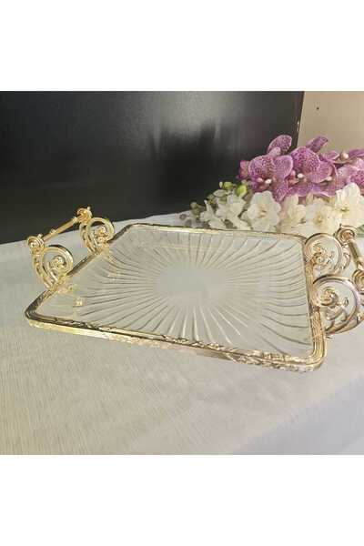 MaviDamla Cast Metal Frame Glass Presentation Plate with Handle 25*25 Square Gold