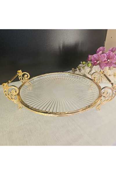 MaviDamla Cast Metal Frame Glass Presentation Plate Round 31 Cm. Gold