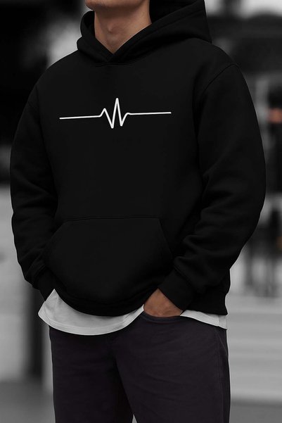 Trend Sizde Hanorac unisex negru cu glugă cu imprimeu pentru ritmul cardiac