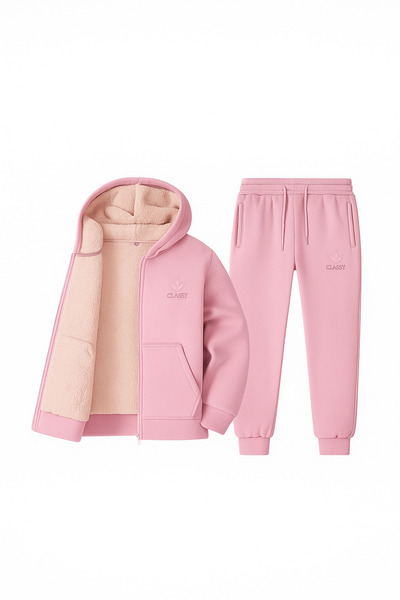 CLASSY.MODA Thermal-Tracksuit Set-2-Piece-Bottom-Top-Embroidery-Hooded-3 Thread Raised-Top Inner Welsoft Excluding Sleeves