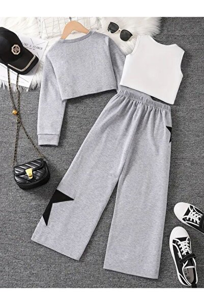 Kids Shop Kızlar Yıldız Baskılı Croplu Çocuk Alt-Üst 3'lü Takım GRİ