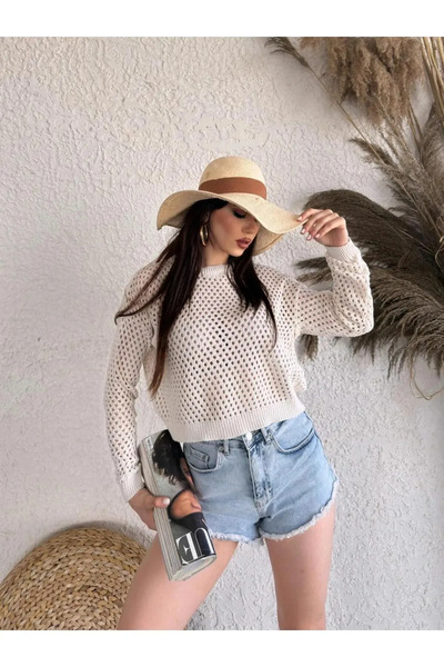 CT STONES Crew Neck Knitwear Perforated Sweater - Cream