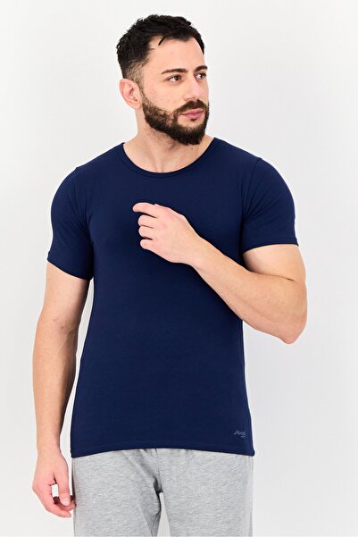 SLOGGI Men 2 Pieces Round Neck Short Sleeve Brand Logo Undershirt, Navy