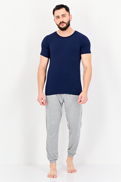 SLOGGI قميص داخلي رجالي من قطعتين برقبة دائرية وأكمام قصيرة وشعار العلامة التجارية، أزرق داكن