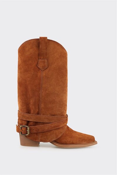 Elle Shoes Taba Deri Kadın Western Çizme