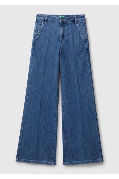 United Colors of Benetton Women's Blue Cotton Blend Wide Leg Denim Pants with Pocket Detail
