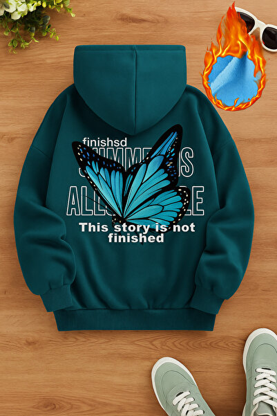 CLASSY.MODA سويت شيرت مطبوع بقلنسوة للجنسين |   نمط الفراشة الزرقاء، جودة عال...