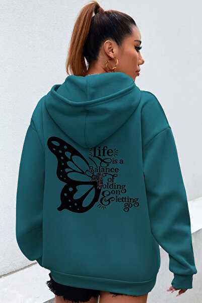 CLASSY.MODA سويت شيرت نسائي مطبوع عليه غطاء للرأس |   نمط الفراشة السوداء وال...