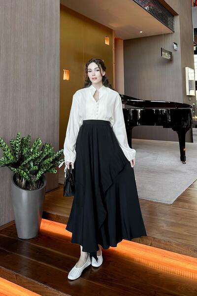 Levidor 420065 ARKASI YARIM LASTİKLİ ÖN KISMI ASİMETRİK PİLE DETAYLI KLOŞ ETEK #07-25#