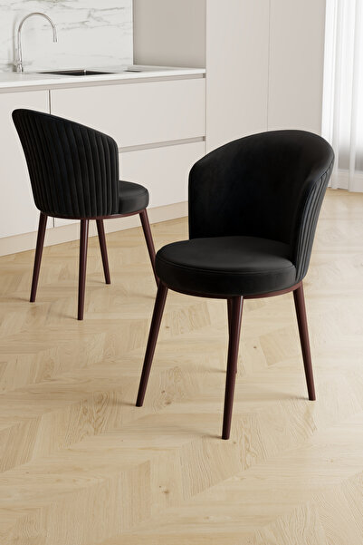 Canisa Risa Serisi 4 Adet Siyah Mutfak Sandalyesi Kahverengi Metal Ayak 1.Sın...