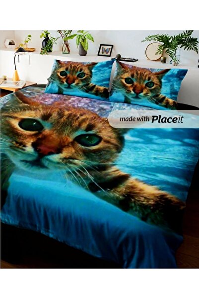 Elmas Dizayn Special Design Double Bedding Set 240X260 cm Cotton Satin Single Cat