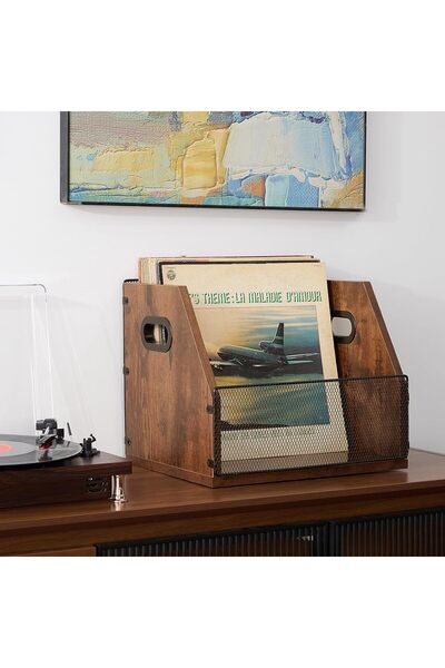 LENND Vinyl Records Storage Crate - Metal & Wood LP Record Holder, Holds up to 60