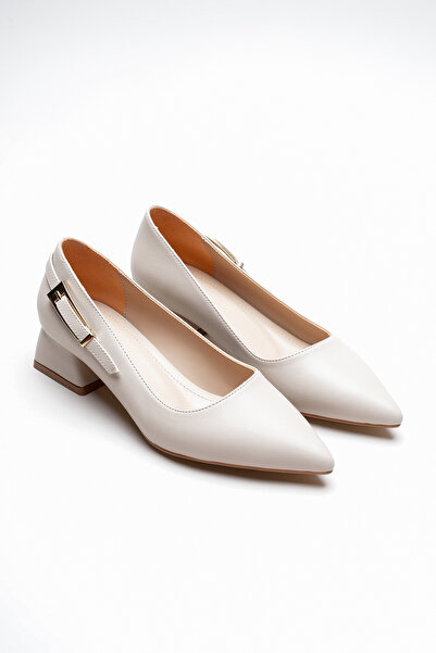 Lizzu Women's Side Buckle Detailed Thick Short Heeled Shoes Goria Beige Skin