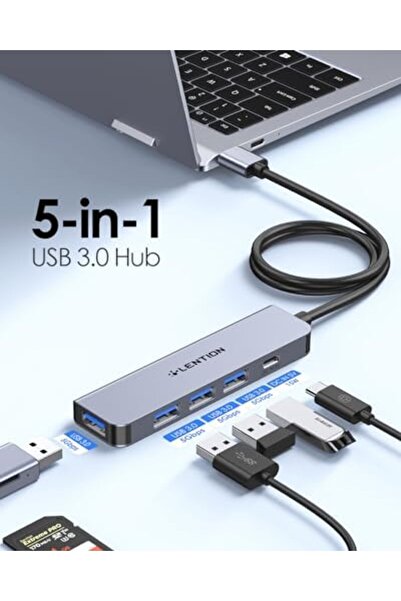 LENTION محول USB 3 متعدد المنافذ بطول 2 قدم، موزع USB 3 فائق النحافة مع 4 منافذ USB 3.0 ومنفذ Type C