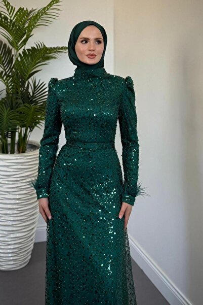 Şulemoda Giyim Masal Sequin Detailed Evening Dress Green