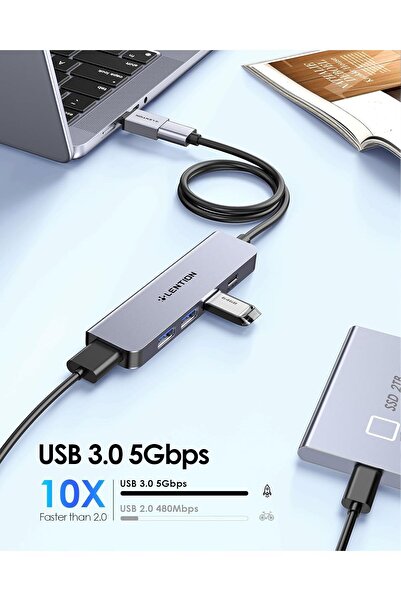 LENTION موزع USB 3.0 بطول 2 قدم - 4 منافذ USB 3.0 + طاقة USB-C (HE32، رمادي فضائي)