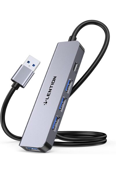 LENTION 2FT Long Cable USB 3 Multiport Adapter, Ultra Slim USB 3 Hub with 4 USB 3.0 Port & Type C Po