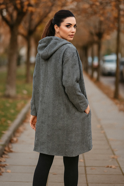 Ceylen Kapüşonlu Düğmeli Kaşe Trençkot