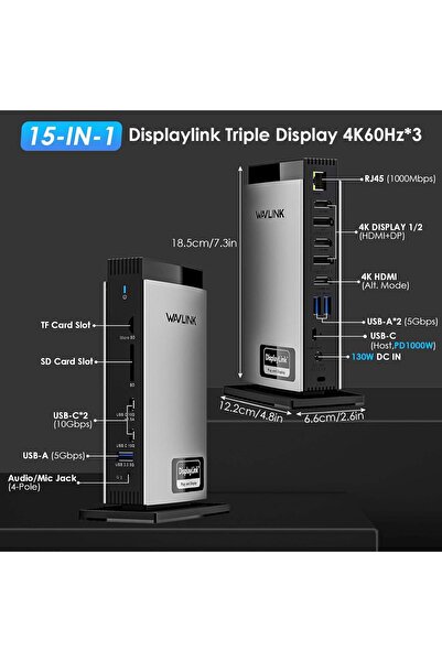 wavlink USB C Docking Station with 3 HDMI, DisplayLink Laptop Dock Triple Monitor 4K60Hz, 100W Charg