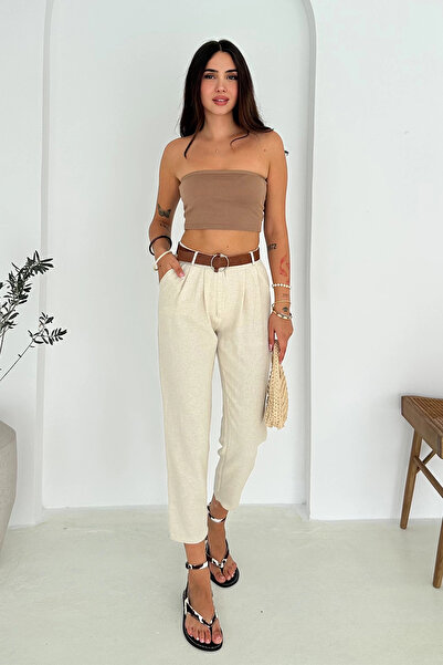 AsprinFashion Pantaloni de in cu detaliu curea crem