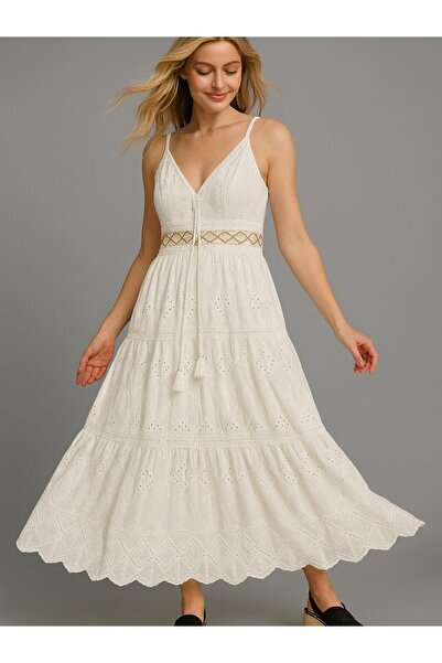 Butik İtalyan Dantel Ponponlu Elbise - BEYAZ