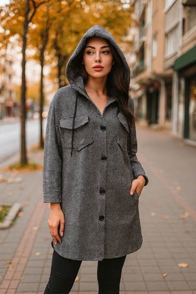 Ceylen Kapüşonlu Düğmeli Kaşe Trençkot