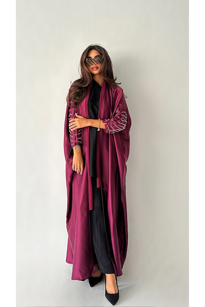 outline Luxurious maroon summer abaya with a quarter-bisht design and embroidered sleeves