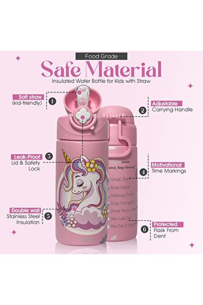 Generic VERJO Kids Water Bottle for School – 500ml Stainless Steel Kids Insulated Water Bottle with Straw,