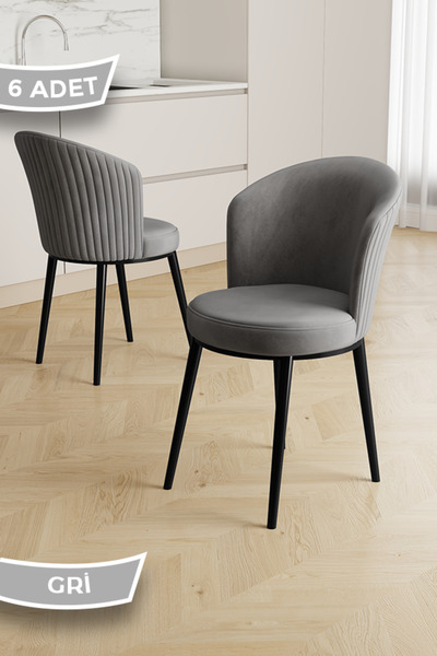 Canisa Risa Serisi 6 Adet Gri Mutfak Sandalyesi Siyah Metal Ayak 1.Sınıf Baby...