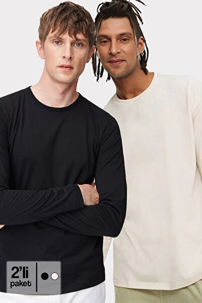CHEISU Erkek 2'li Siyah Ekru Basic Bisiklet Yaka Uzun Kollu T-shirt %100 Pamu...