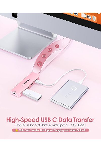 LENTION موزع USB-C، كابل بطول 2 قدم، 4 منافذ بيانات USB-C + منفذ مصدر طاقة USB-C (ذهبي وردي)