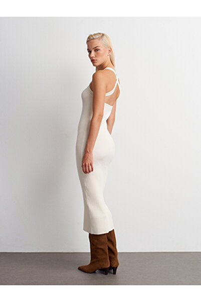 Dilvin 90253 Halter Neck Ribbed Knit Dress-Ecru