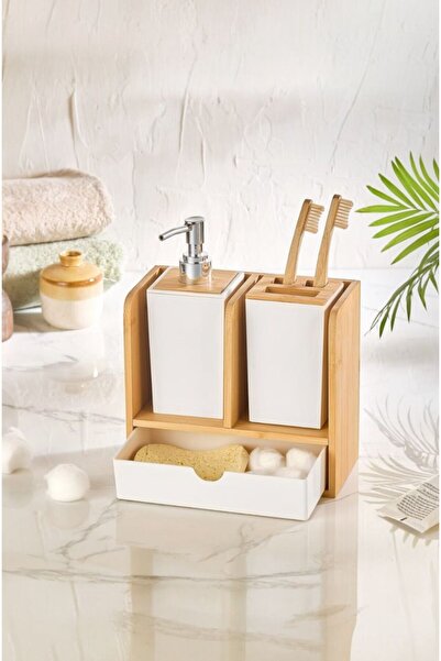 Bayev Σετ σαπουνιέρας και θήκης οδοντόβουρτσας μπάνιου με βάση από μπαμπού - Σετ μπάνιου με συρτάρια