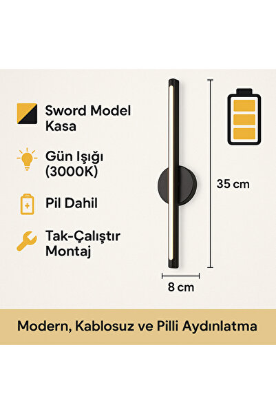 luxshome Kılıç Modern Pilli Aplik Tak Çalıştır Kablosuz Ledli Aplik Pil Dahildir 35cm Siyah Kasa - Sarı Işık